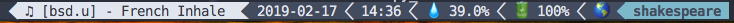 My tmux status bar, showing the song currently playing, the date and time, the CPU percentage, the battery and connectivity status in a linear text-based interface